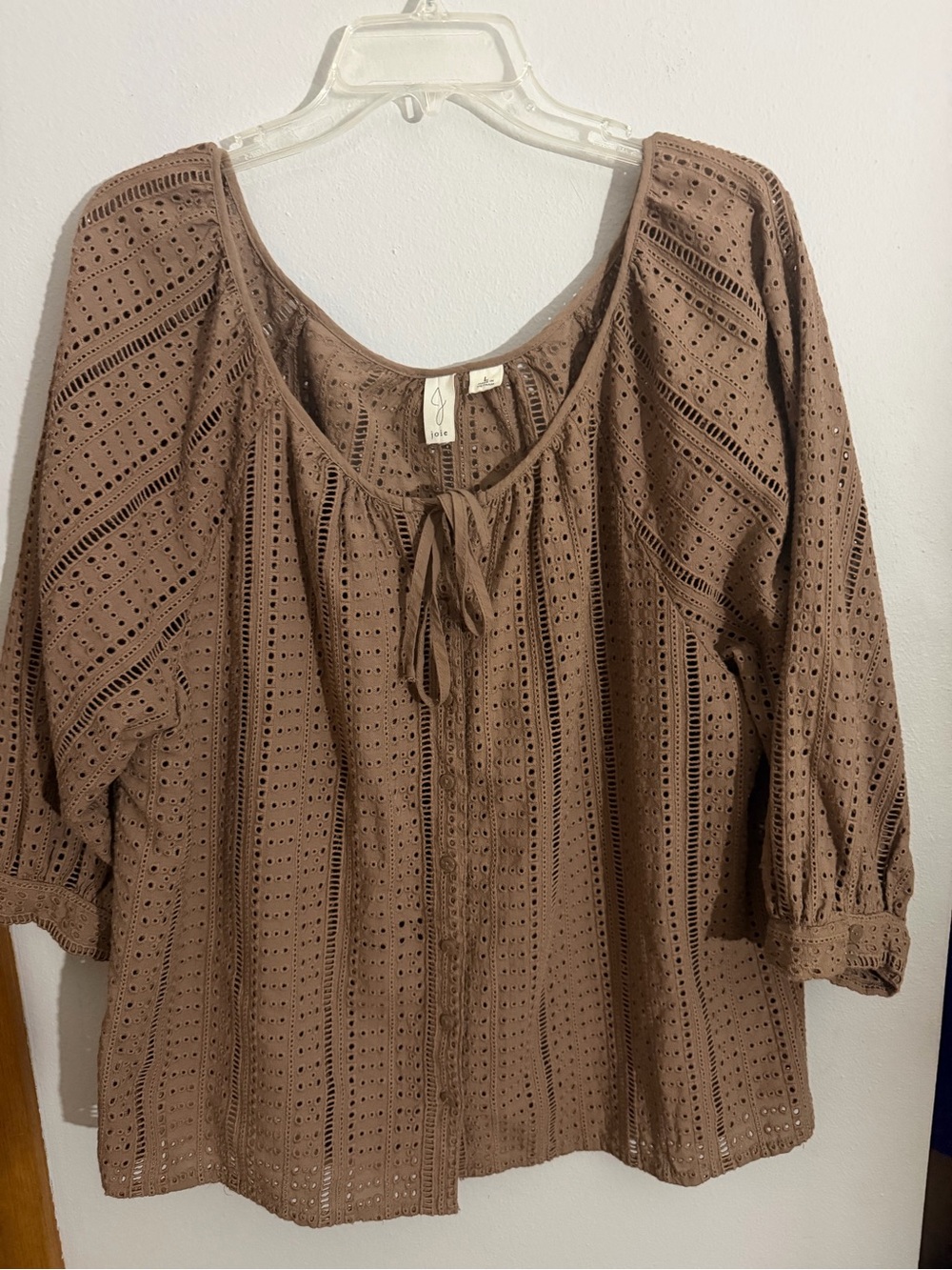 Joie Taupe Brown Eyelet Tie-Neck Peasant Top